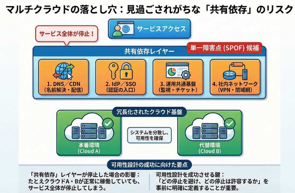マルチクラウドの共有依存レイヤー(DNS/CDN、IdP/SSO、運用共通基盤、社内ネットワーク)がSPOFになり得ることを示す概念図