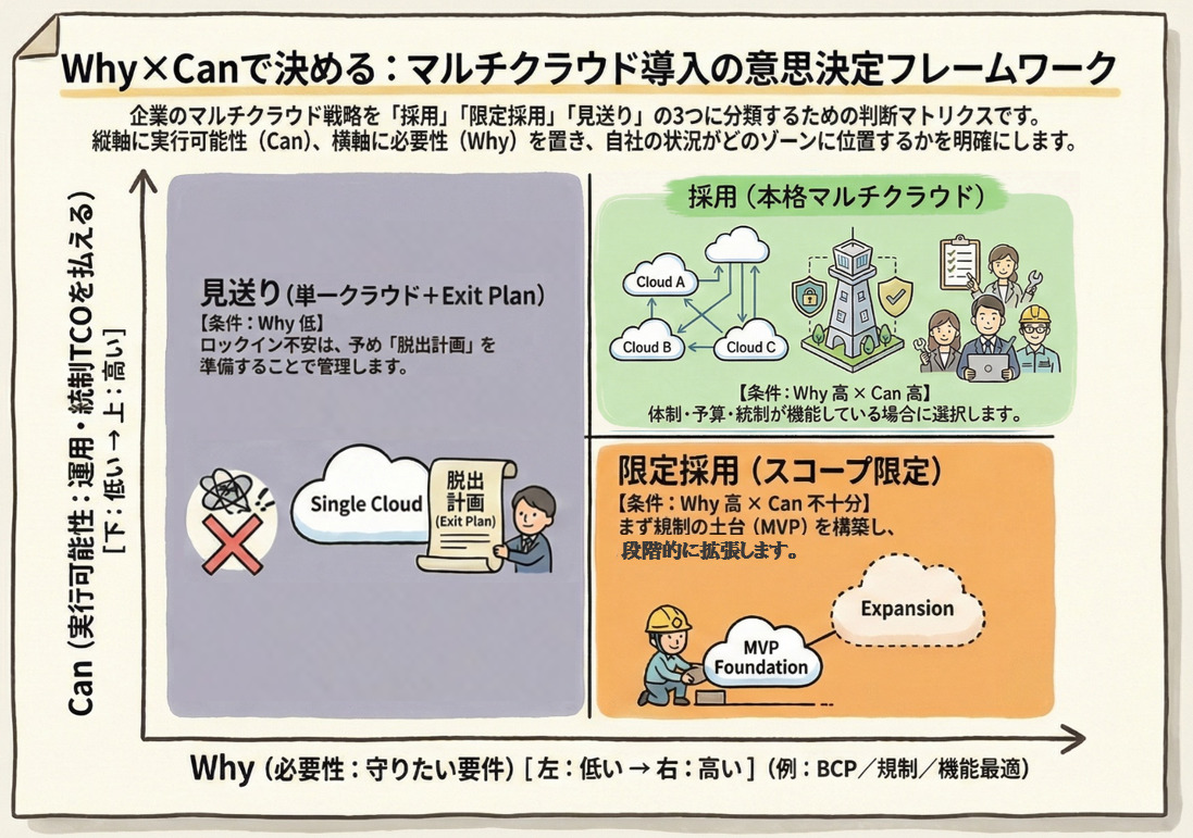 Why(必要性)とCan(実行可能性)の2軸で、採用・限定採用・見送り(単一クラウド+Exit Plan)を分類する意思決定フレームワーク