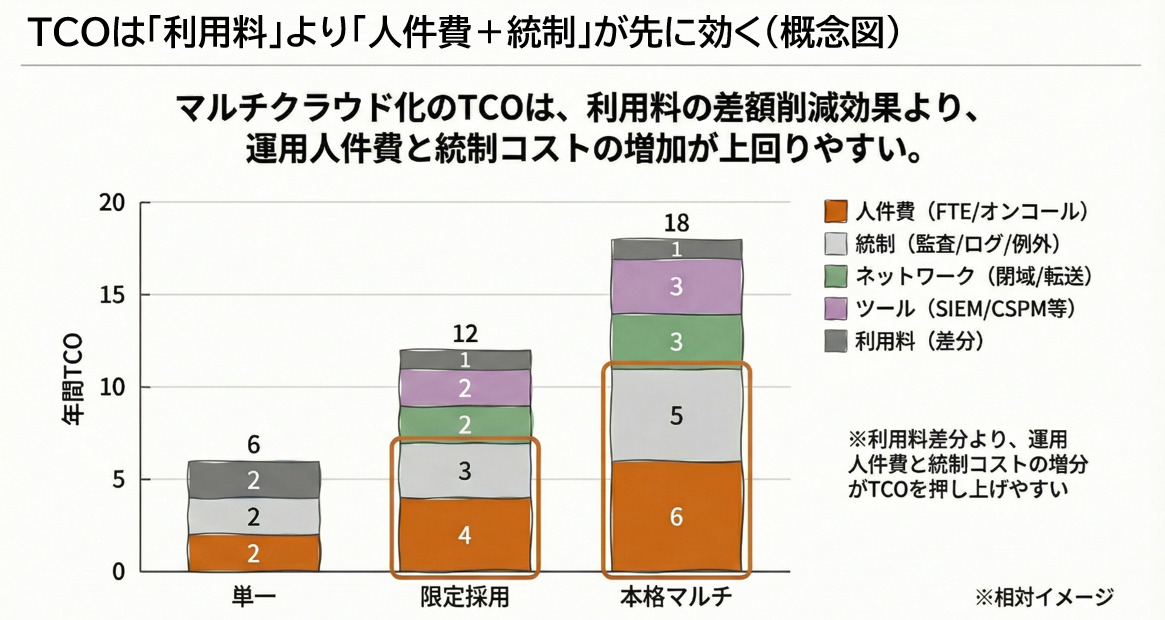 単一・限定採用・本格マルチで年間TCOを比較し、人件費と統制コストの増分が大きくなりやすいことを示す相対イメージの積み上げ棒グラフ